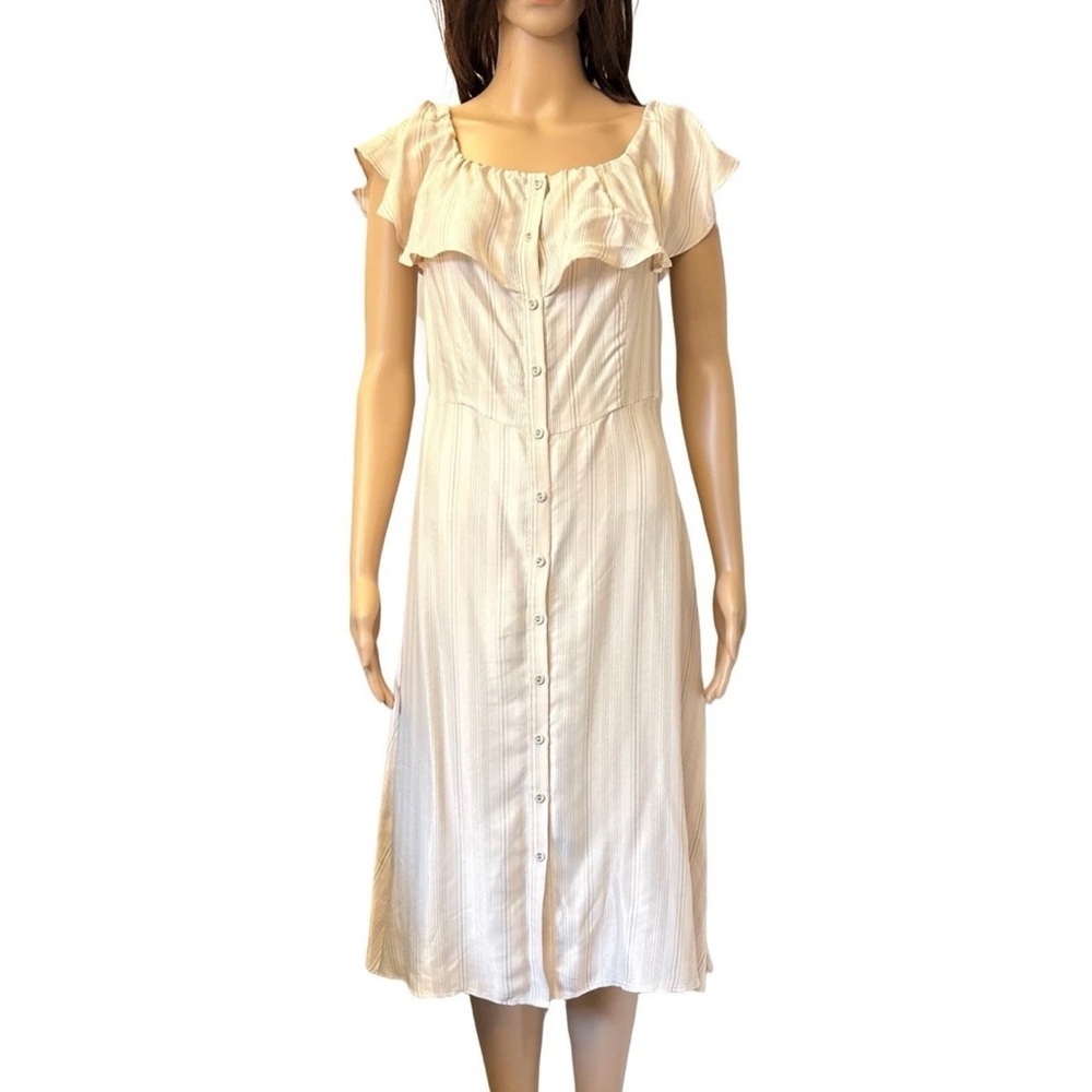 H&M Women's Midi Shirt Dress Front Button Closure Ruffle Beige Size 8 - NWT $39